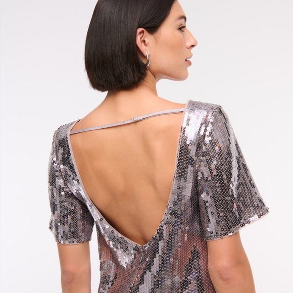 Abercrombie & Fitch Sequin Tee Shift Mini Dress Silver NWT Medium Petite - Picture 6 of 14